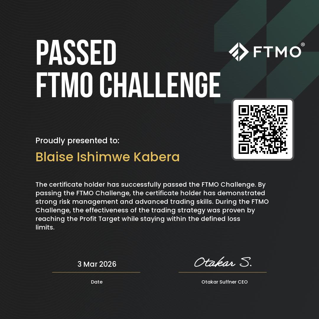 Passed FTMO Challenge certificate awarded to Blaise Ishimwe Kabera